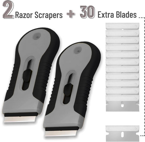 2 Pack, 30 Set Bates- Razor Blade Scraper Tool, Extra Stainless Steel Blades, Anti-Slip Ergonomic Handle Design, Razor
