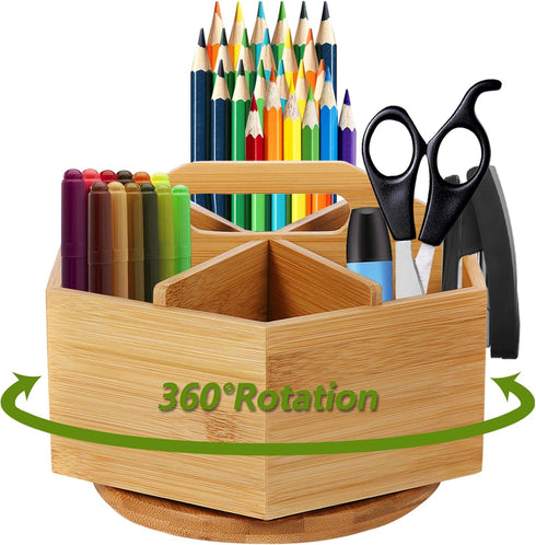 Marbrasse Bamboo Art Supply Organizer, Rotating Pencil Pen Holder for Office Supplies