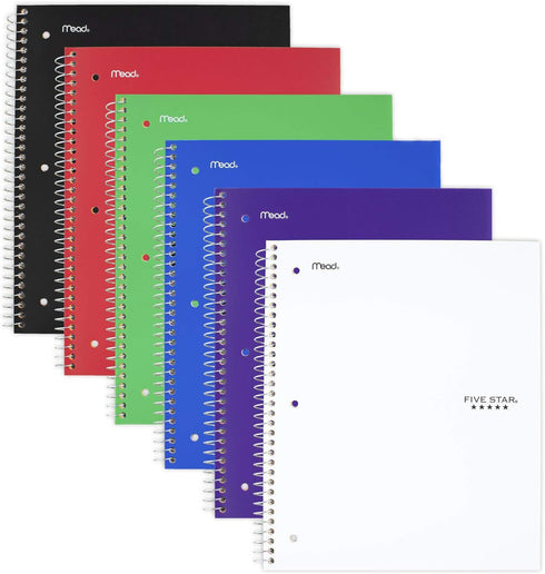 Five Star Spiral Notebooks, 5 Subject, Wide Ruled, 200 Sheets, Assorted Colors, 6 Pack