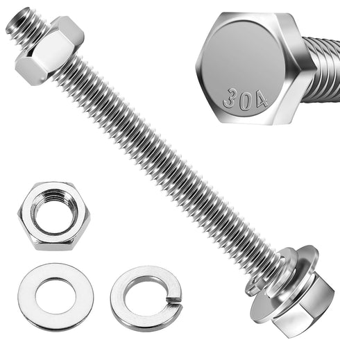 (10 Sets) 5/16-18x3" Hex Head Stainless Steel Bolts and Nuts with Flat & Lock Washers, 304 Stainless Steel 18-8