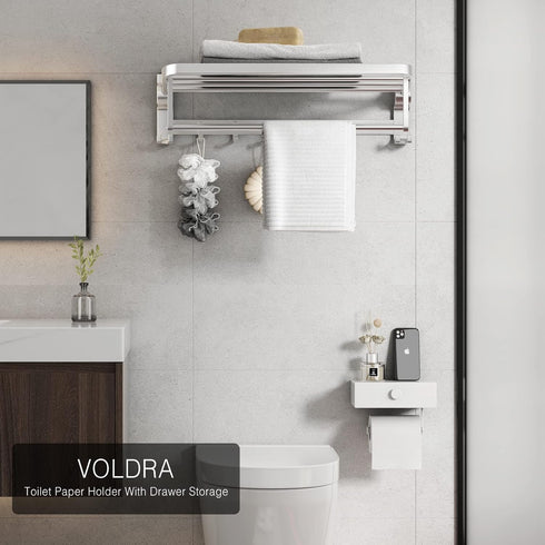 VOLDRA Toilet Paper Holder with Shelf White Wipes Dispenser for Bathroom Toilet Paper Holder with Storage Upgrade