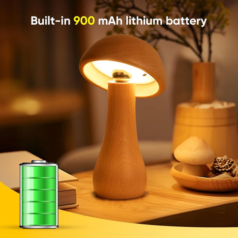 LONRISWAY 2 Pack Dimming,Night Wooden Mushroom Lamp, Portable Cordless Small Rechargeable Battery Operated