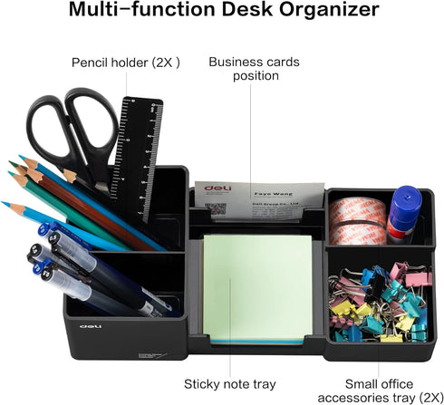 deli Plastic Desk Organizer with Pencil Holder and Sticky Note Tray, 6 Compartments for Office Supplies