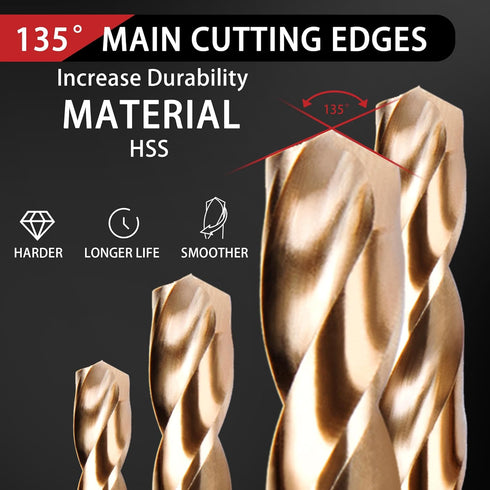 1/4 Inch Cobalt Drill Bits, 13 Pack M35 HSS, 135 Degree Tip, Jobber Length Twist Drill Bit Set for Metal and Wood