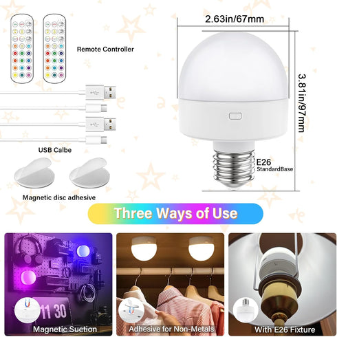 Bulbs 15 Dimmable, Bulb E26 2 Pack Rechargeable Battery Operated Light with Remote Control, Color Temperature, Timer