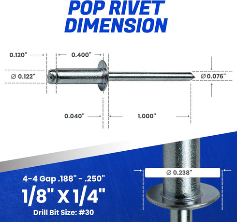Pop Rivets - 1/8" x 1/4" (100 pcs) Heavy Duty, Open-End, Low Carbon Steel Dome-Head Blind Rivets