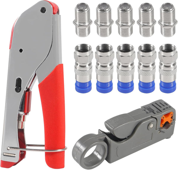 Coax Cable Crimper Tool Kit, Coaxial Compression Tool with 5PCS RG6 F Type Connector + 5PCS RG6 Coax Cable Extender