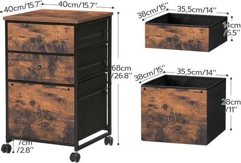 HOOBRO Vertical 3-Drawer Mobile File Cabinet, Rustic Brown Office Cabinet, Rolling Printer Stand, A4/Letter-Sized