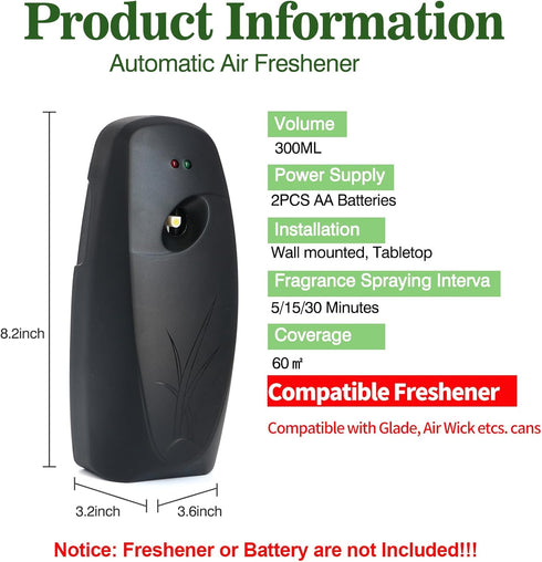 Automatic Air Freshener Dispenser 2-Pack,Histely Auto Air Freshener Spray Dispenser Wall Mounted or Free Standing Battery Powered w/Interval Spray Setting for Commercial & Home Use,No Drilling (Black)