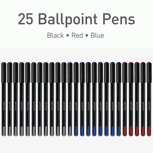 Pentonic Ballpoint Pens, 25 Count, Black, Red & Blue Ink, 0.7 mm Fine Point, Smooth Writing for Journaling