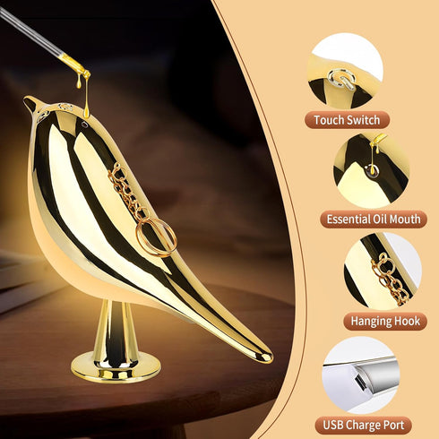 Small Bird Touch Lamp, Cordless Dimmable Night Light with Aroma Diffuser, USB Rechargeable Touch Sensor Control for