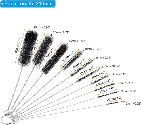 PATIKIL 8.3" Straw Cleaner Brush Set, 10 Different Diameter Stainless Steel Nylon Pipe Wire Cleaning Brush with Hook for Lab Glass Supplies Flask Tube Water Bottles, Black