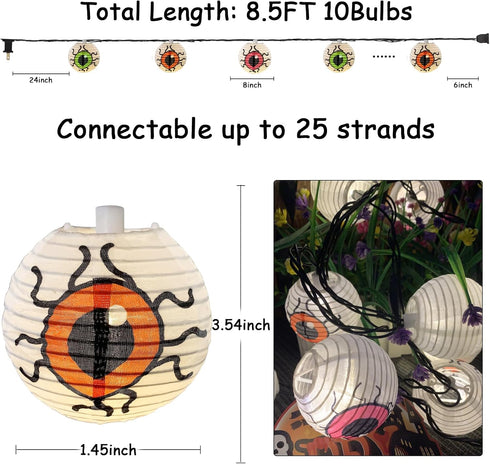 Halloween Eyeball Lantern String Lights, 8.5Ft Spooky Lantern LED Lights with 10 Novelty Eyeball Printed Lanterns for Halloween Hunting Party Outdoor Decor, Black Wire by Oviejo