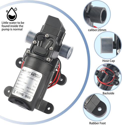 VerRich 12V Water Pumps, 1/2" Diaphragm Pump, Self Priming High Pressure Pump for Motorhome, Caravan, Boat