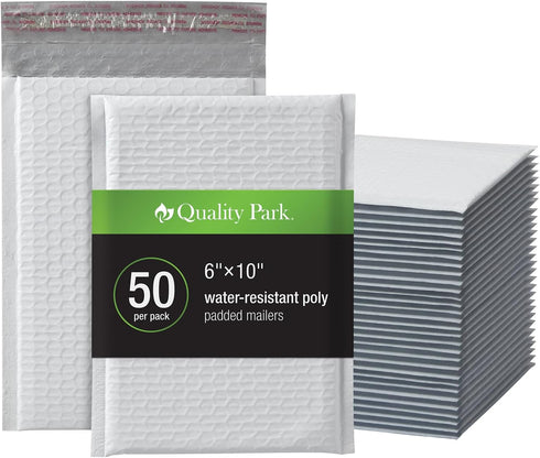 Quality Park Bubble Mailers - 6 x 9 Inch White Poly Padded Envelopes, Water Resistant, Self Seal, 50 Per Box (QUA85856)