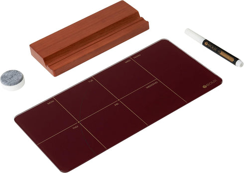 Desk Weekly Glass Dry Erase Board with Detachable Wood Stand, Burgundy Red, Small Calendar To Do List Planner