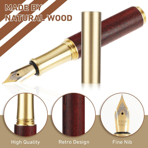 Vintage Wooden Mini Fountain Pen, Short Pocket Travel Fine Nip Pen, Smooth Writing with 15 Pcs Black Ink Cartridges