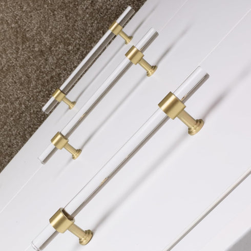 QOGRISUN 2-Pack Gold Modern Acrylic Cabinet Pulls with Brass Base, 3-3/4-inch Hole Center, 5.9-inch Total Length