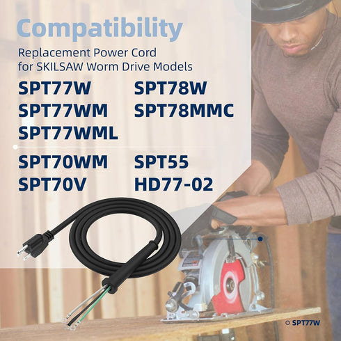 95104L Replacement Cord for SKILSAW Worm Drive Saw, Heavy Gauge Power Cord Parts for SPT77WM SPT78W Circular Saw