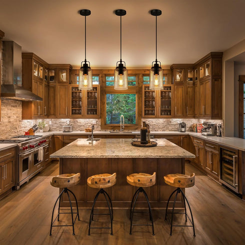 E26 Bulb (1 Pack) Farmhouse Pendant Light, Rustic Black Pendant Lights Kitchen Island Industrial Hanging Ceiling