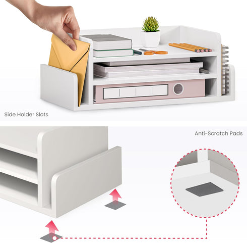 Ballucci 3-Tier Desk Organizer with 2 Side Mail Sorter Slots, Open Top Paper Organizer, Wood Letter Tray for Desktop