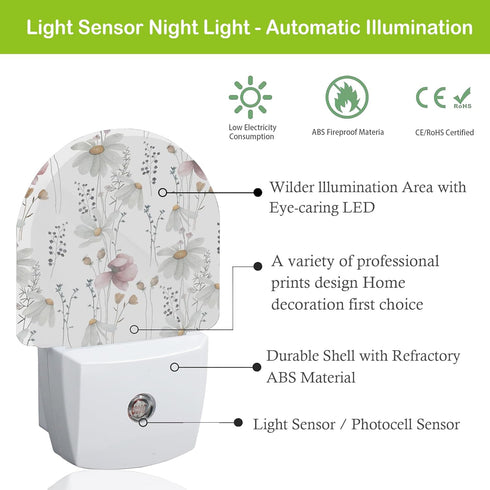 AOWULA Wildflowers Poppy Chamomile Night Light,Plug into Wall Nightlights with Dusk to Dawn Light Sensors,Nightlights