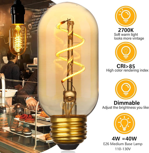 Dimmable T45 T14 E26 2700K 4W Amber Tubular Led Bulbs, T45 2700k Vintage Edison Bulbs Warm Yellow, 550Lm, Retro Tubular Style Glass Bulbs, Bedroom Decor Amber Tube Light Bulbs,Pack 4 by LOROFY