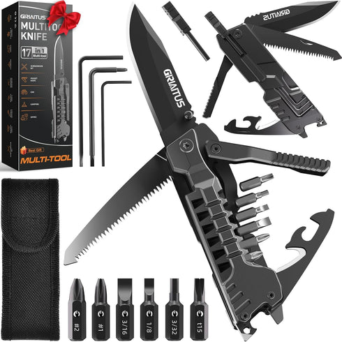 Multitool Knife 17 in 1, Fire Starting Sticks, Bottle Opener, Saw, Screwdrivers, Whistle, Window Breaker - Perfect for