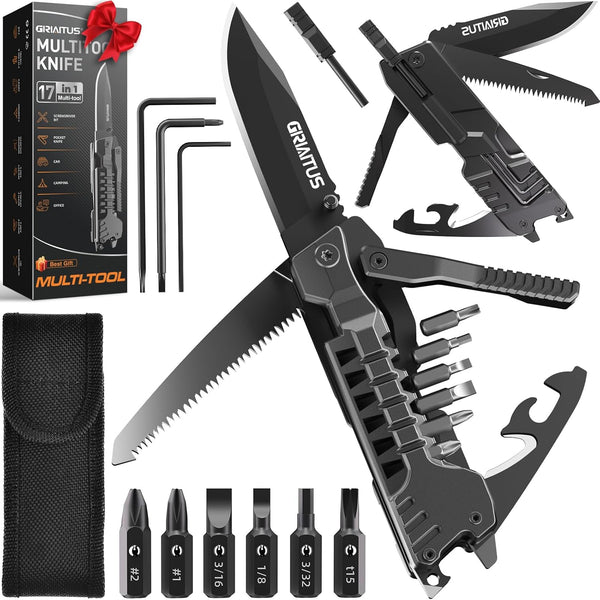 Multitool Knife 17 in 1, Fire Starting Sticks, Bottle Opener, Saw, Screwdrivers, Whistle, Window Breaker - Perfect for