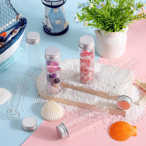 SUNNYCLUE 16Pcs Tiny Glass Storage Jars, 50ml Test Tubes with Aluminum Screw Caps for DIY Crafts and Beads