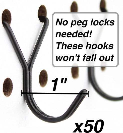 50-Pack Steel Pegboard Hooks 1in J-Hook, Black - Fits Any Peg Board - Organize Jewelry, Keys, Craft Supplies