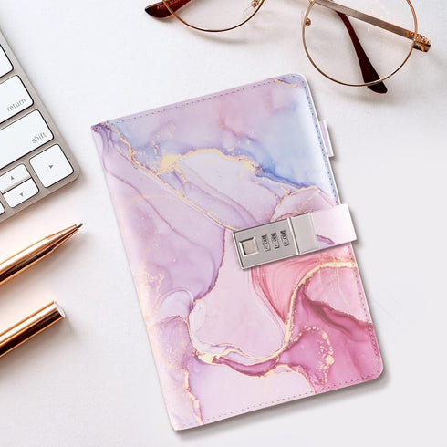 Marble Diary with Lock, A5 Leather Journal for Girls, Cute Password Lock Notebooks with Pen Holder for Travel