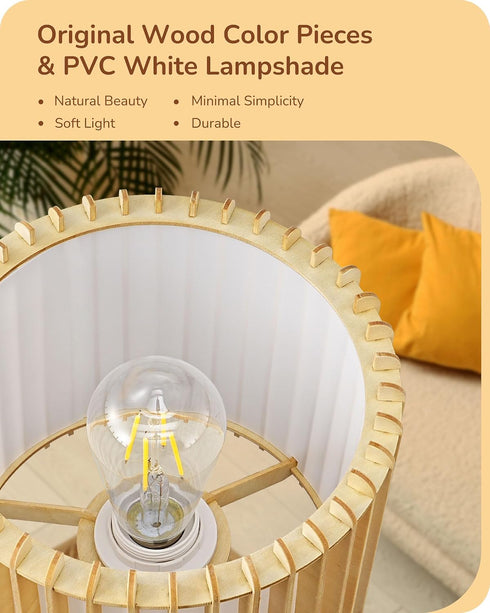 14.17" E26 EDISHINE Small Table Lamp, Wood Tripod Bedside Lamp, Natural Wood-Colored Hollow & White PVC Shade, Base