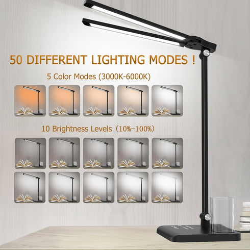 Dimmable 50 CHARYJOD LED Desk Lamp with USB Charging Port Bright, Lighting Modes Dual Swing Arm Architect Table Lamp