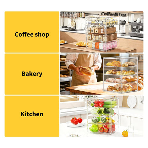 Awelov Countertop, 4 Bread Box for Kitchen Layers Pastry Display Case with Magnetic Door, Adjustable Clear Bread