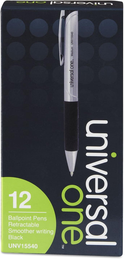 Universal 15540 Advanced Ink Retractable Ballpoint Pen, Black Ink, Silver, 1mm, Dozen