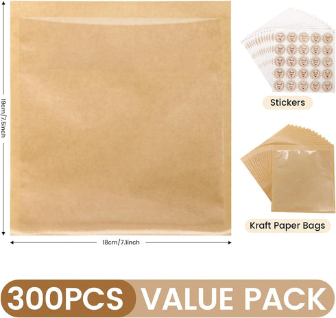 YLQLA 300 7.1 7.5 Inch Packaging Pcs x Heat Sealable Bakery Bags with Window.Treat,Sandwich,Cookie Bags.Kraft Paper