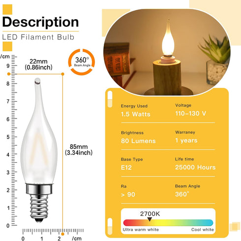 Genixgreen Frosted LED Candelabra Bulbs, Night Light Bulb 15 Watt Equivalent 1.5W E12 Mini Candle Bulb Low Wattage Flame Bent Tip for Chandelier Ceiling Fan, 2700K Soft White, Non-dimmable, Pack of 6 by Genixgreen