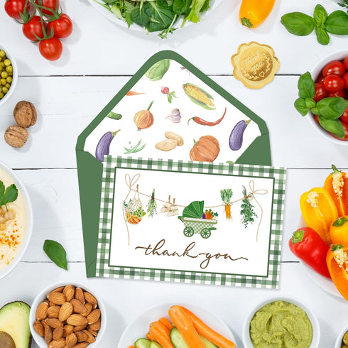 50 Pack 4 6 Inch Whaline Baby Shower Thank You Cards Boxed Green Plaid Vegetable Greeting Cards with Envelopes Stickers