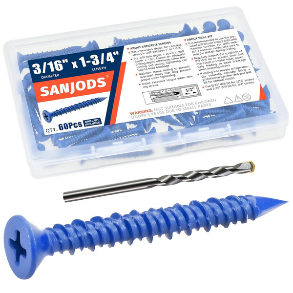 3/16" x 1-3/4" Concrete Screw Anchor, Blue Flat Head Screws for Anchoring to Masonry, Pack of 60