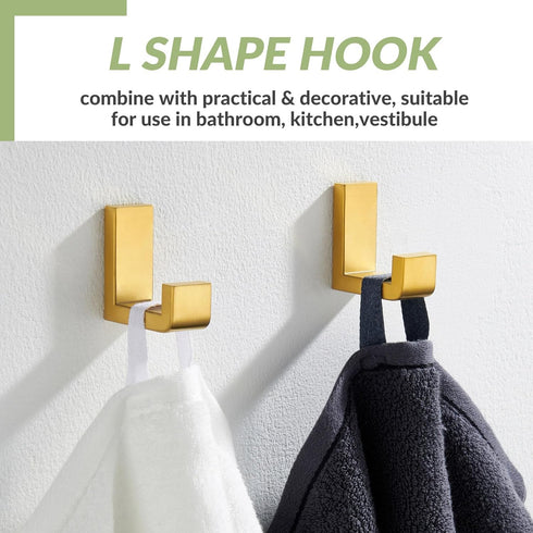 APLusee L Shape Bath Towel Hook 2 Pack - 304 Stainless Steel Coat Holder for Bathroom Kitchen, Brushed Gold