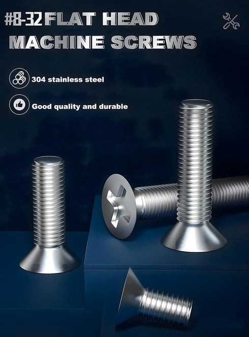 8#-32 Flat Countersunk Head Machine Screws, 192Pcs 304 Stainless Steel Phillips Fasteners Kit