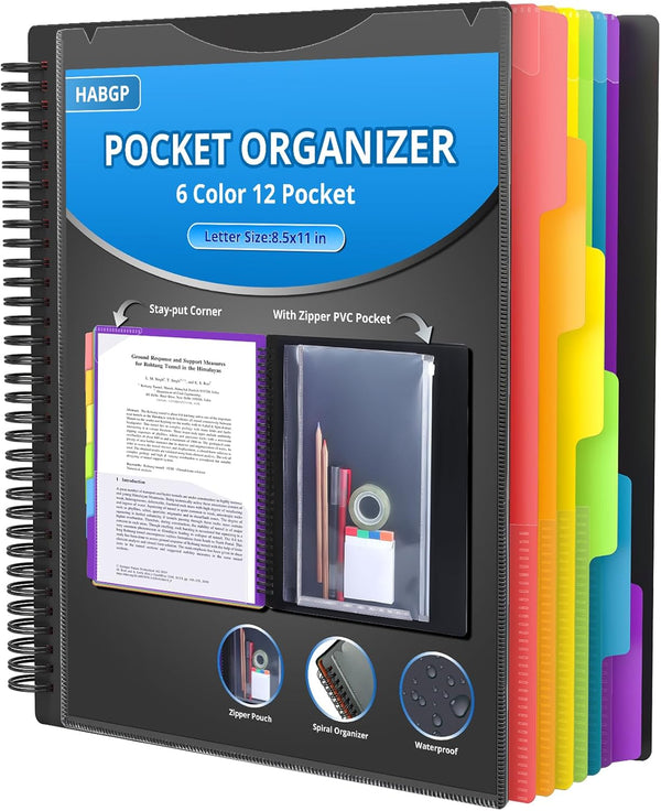 HABGP 12 Pocket Plastic Folders with Pockets - 6 Colors Multi Pocket Folder Binder with Dividers for Office Organizer