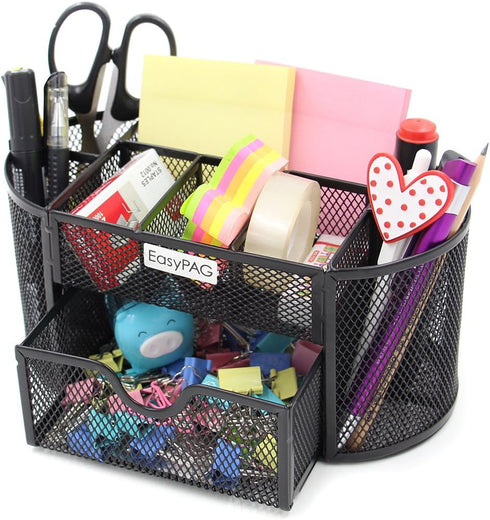 EasyPAG Desk Organizer, Mesh Desktop Caddy with 8 Compartments and 1 Drawer for Office Supplies (Black)