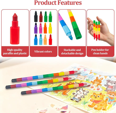 YFANITI Crayons,12 Pencils,12 Stackable PCS Stacking Buildable Crayons Colorful Stackable Colors Stackable Painting