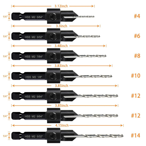 7-Piece Countersink Drill Bit Set, M2 Woodworking Bits for #4, 6, 8, 10, 12, 14 Screws with Hex Shank