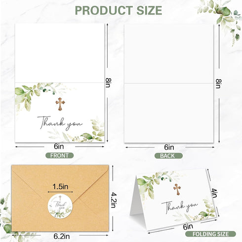 50 5 4 6in Communion, Thank You Cards with Envelopes, Watercolor Greenery Cross Designs x Blank Inside Thank You Card
