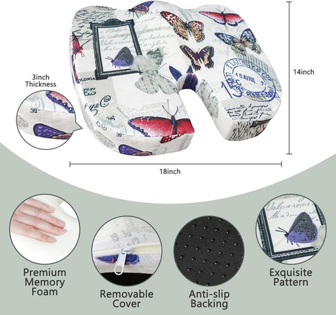 La Boutique Chic 14x18 inches, Pressure Relief Memory Foam Seat Cushion, Butterfly Pattern, Multicolor, Modern Style