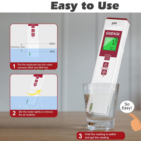 pH Meter for Water with Color Display pH Test Strip Function Pro Digital pH Level Tester ATC pH Calibration Kits Water