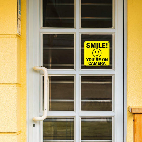 Smile You're On Camera Sign Stickers, 6 Pack - 6 x 6 Inches - Laminated for Ultimate UV, Weather, Scratch Resistance